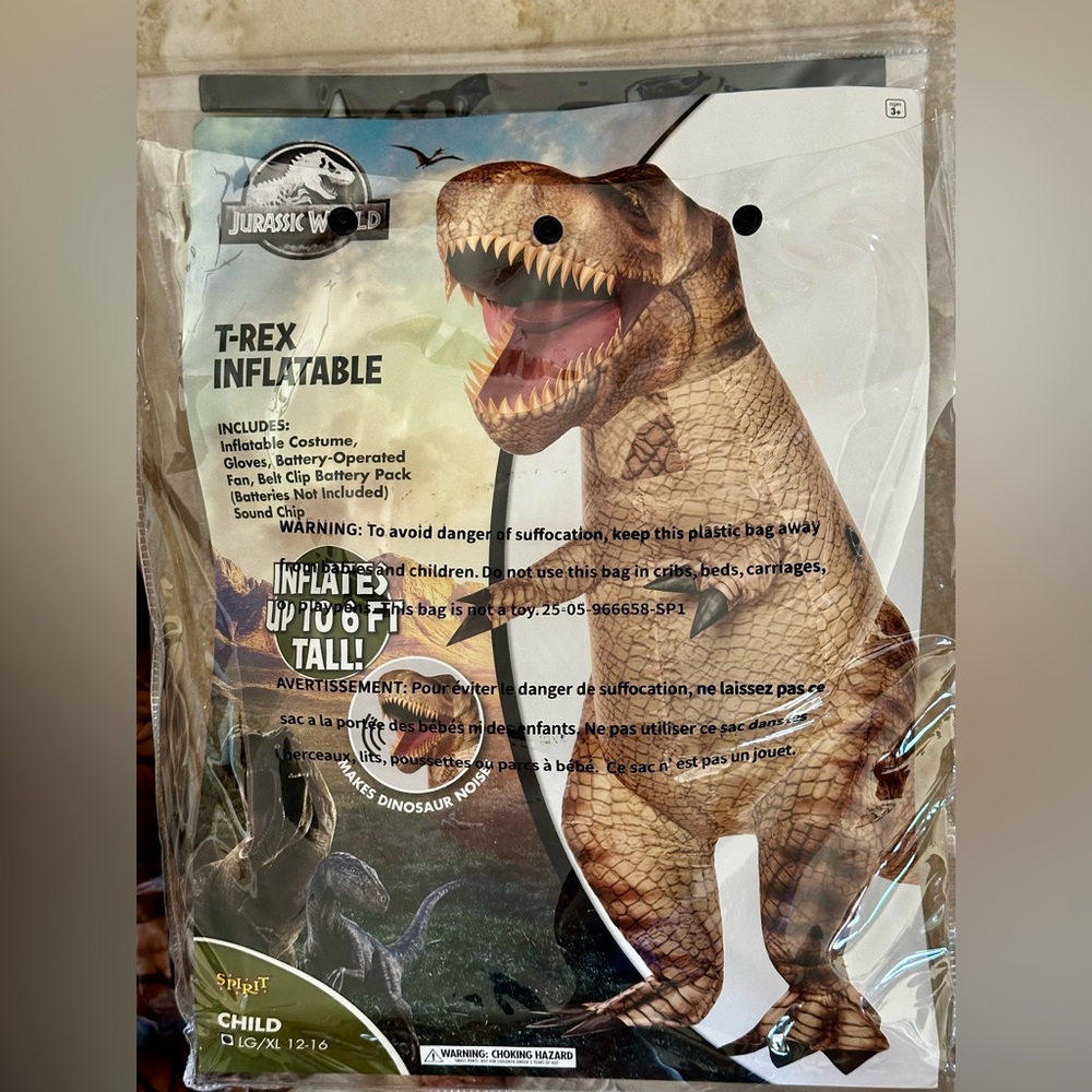 Jurassic World T-Rex Inflatable Child Costume L/XL 12-16 EUC In package all incl